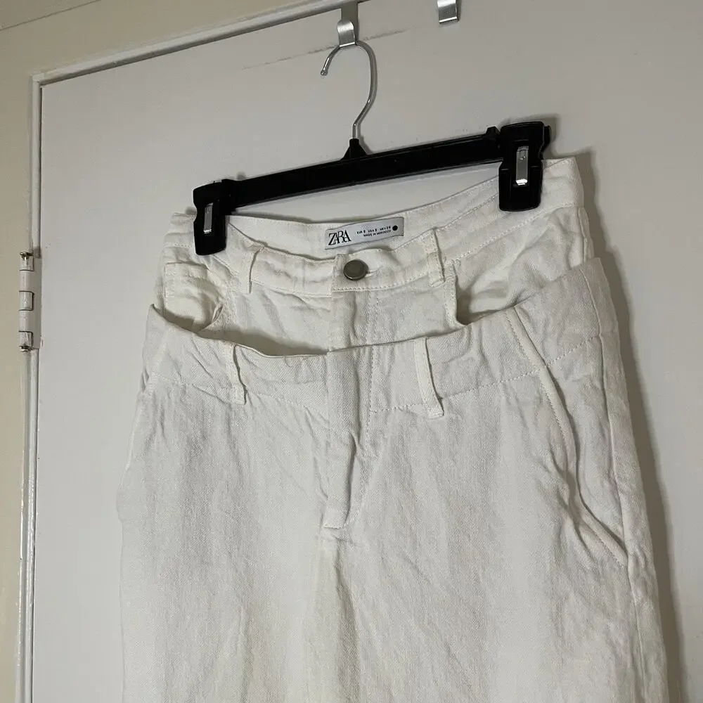 Zara Double Waistband linen blend off white ivory wide leg pants small
